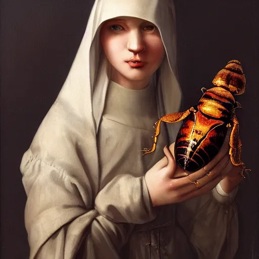 Image similar to A masterpiece portrait of a Incredibly beautiful maid barique renaissance swamp nun girl holding very beautiful big shiny king beetle. hunting on deer with russian greyhound medium shot, intricate, elegant, highly detailed. trending on artstation, digital art, by Stanley Artgerm Lau, WLOP, Rossdraws, James Jean, Andrei Riabovitchev, Marc Simonetti, Yoshitaka Amano. background by James Jean and Gustav Klimt, light by Julie Bell, 4k, porcelain skin.