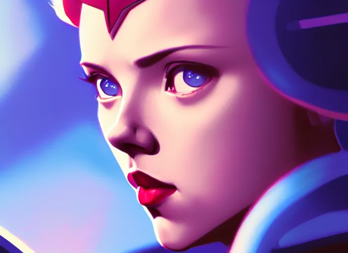 Image similar to a disney film still of scarlett johansson as a star trek officer, finely detailed features, closeup of the face, perfect art, dusk, blue hour, gapmoe yandere grimdark, trending on pixiv fanbox, painted by greg rutkowski, makoto shinkai, takashi takeuchi, alphonse mucha, akihiko yoshida