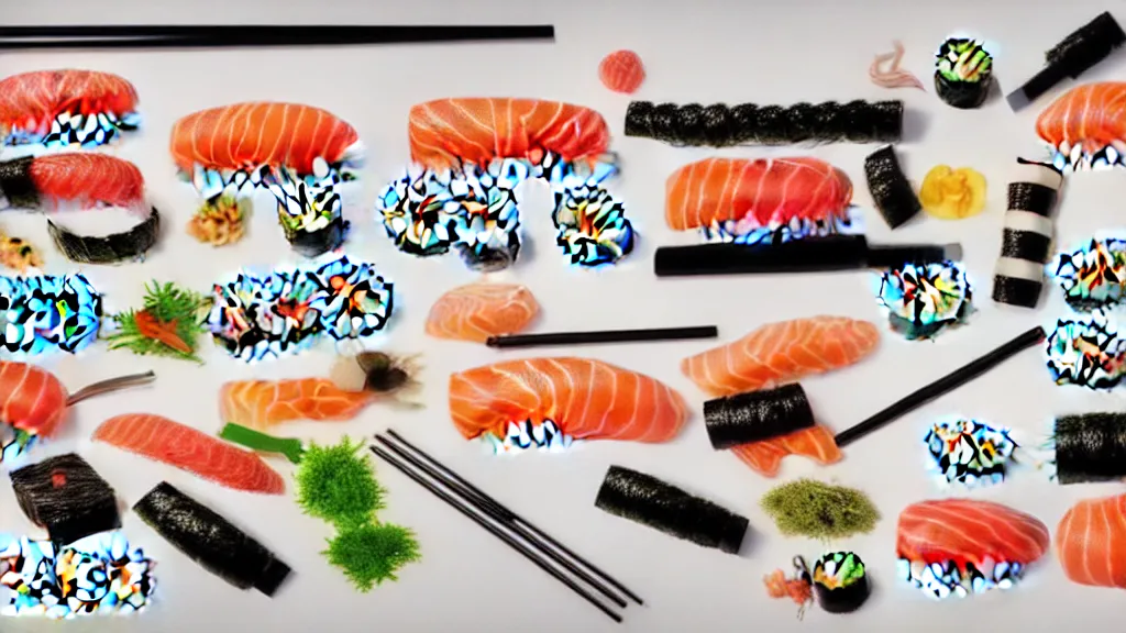 Prompt: an arrangement of sushi, a collage painting, in the style of wes anderson, lola dupre, david hockney, isolated on negative white space background dark monochrome neon spraypaint accents volumetric octane render