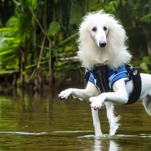 Prompt: photo of borzoi dog wearing diving gear swimming in the amazon rainforest, 4k award-winning animal photography