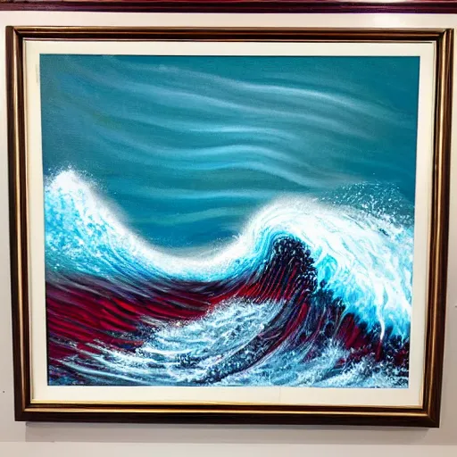 Image similar to beautiful ocean wave, composed of red and white baseballs, oil on canvas, dreamlike