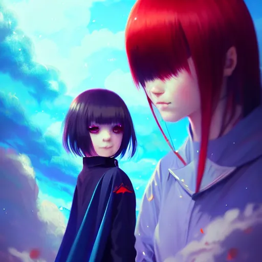 Prompt: giant droplets of water floating around rimuru tempest flying with bat wings in the sky, sky blue straight hair, bangs, with amber eyes, red tailcoat, high collar, ultra fine detail, dark theme, digital painting, psychedelic, cinematic, wlop, pixiv, ilya kuvshinov, ross tran