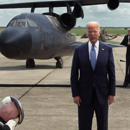 Prompt: Joe Biden in The Dark Knight Rises, standing outside with an airplane behind him. You don't get to bring friends