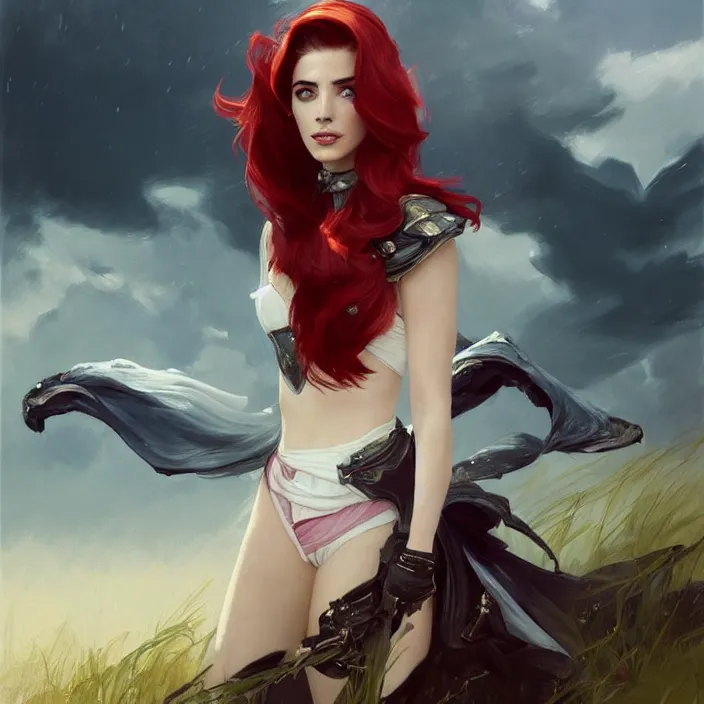 Prompt: portrait of a combination of Ashley Greene, Adriana Dxim, Grace Kelly and Lily Collins with red hair wearing Warframe armor, countryside, calm, fantasy character portrait, dynamic pose, above view, sunny day, thunder clouds in the sky, artwork by Jeremy Lipkin and Giuseppe Dangelico Pino and Michael Garmash and Rob Rey and Greg Manchess and Huang Guangjian and Makoto Shinkai, very coherent asymmetrical artwork, sharp edges, perfect face, simple form, 100mm
