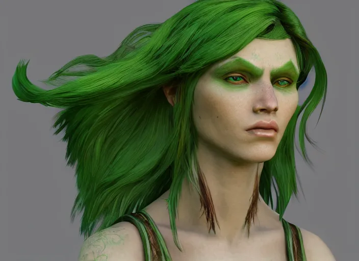 Prompt: Fantasy androgynous humanoid with green skin and flowers in hair by Larry Elmore, symmetrical face concept art, octane render unreal engine meta humans, artstation