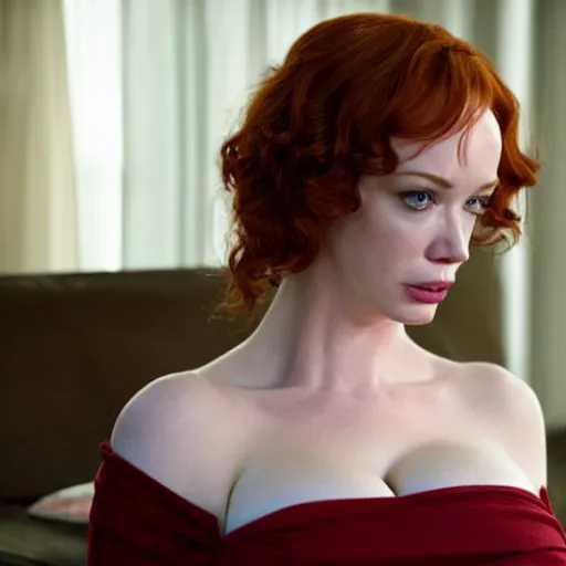 Image similar to amazing beautiful Christina Hendricks with an amazed look on her face in the living room, film still from the movie directed by Denis Villeneuve , wide lens