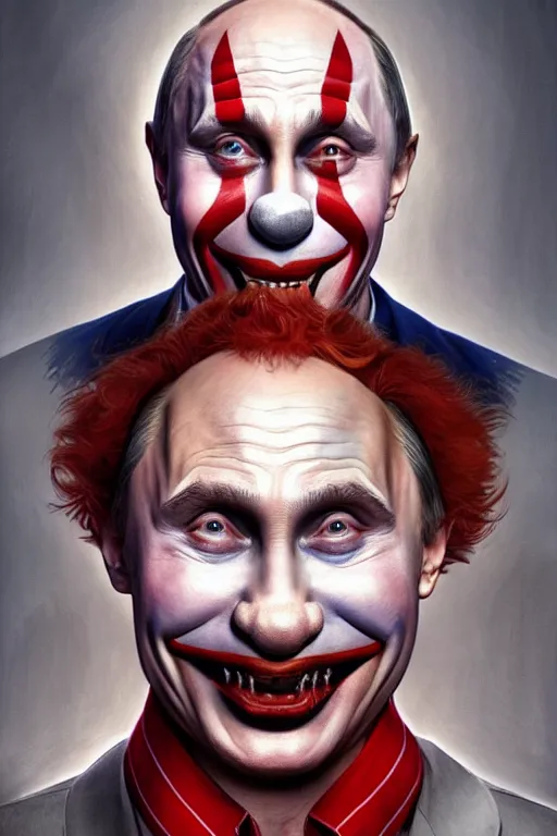 Prompt: vladimir putin as a stupid clown, realistic portrait, symmetrical, highly detailed, digital painting, artstation, concept art, smooth, sharp focus, illustration, cinematic lighting, art by artgerm and greg rutkowski and alphonse mucha