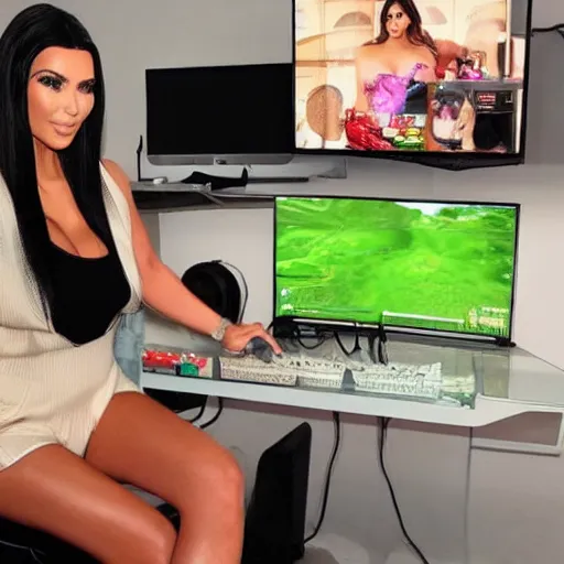 Image similar to live still of kim kardashian as a twitch streamer, gaming room,