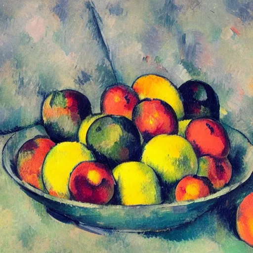 Image similar to a still - life image of a bunch of people who look like fruit in a bowl in the style of paul cezanne