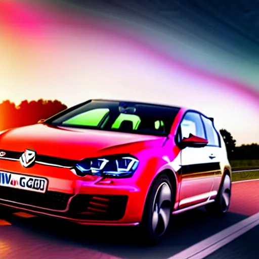 Prompt: a car driving VW Golf GTI at speed on autobahn, sunset, cinematic color, photorealistic, highly detailed, bokeh