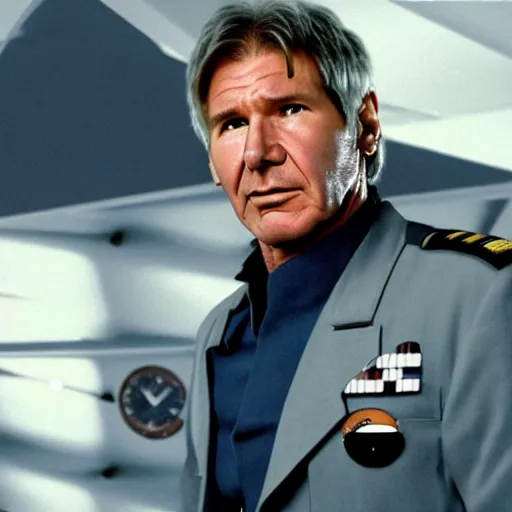 Prompt: A still of Harrison Ford in the new Battlestar Galactica (2003), wearing a very dark blue military uniform and oval reading glasses