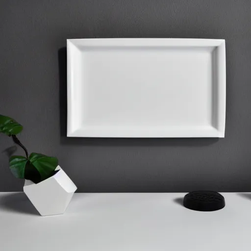 Image similar to white square tray, floating in mid air in a white room, photo realistic