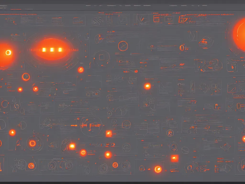 Image similar to black user interface with glowing orange alien glyphs, white diagrams showing spacecraft diagram, gray software user interface hierarchical diagram of sliders, artstation, cgsociety, concept art, visual effects for movie