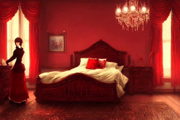 Image similar to an ornate red victorian bedroom, 1 8 9 0, key visual, conceptart, ambient lighting, highly detailed, digital painting, artstation, concept art, sharp focus, by makoto shinkai and akihiko yoshida and greg manchess