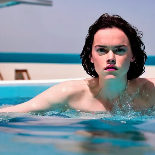 Prompt: daisy ridley swimming in a pool, photography, 3 5 mm lens, beautiful,