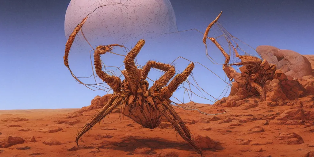 Prompt: remains of a gigantic extraterrestrial spider in the desert, beautiful matte painting of a science-fiction planet, Moebius, Roger Dean, Arstation, Arstation, Artstation