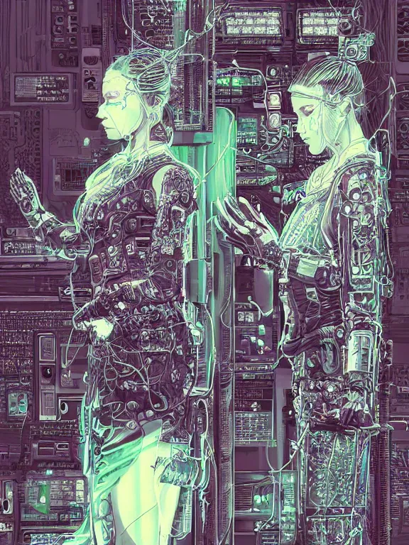 Image similar to a cyberpunk style illustration of two veiled female android queens kneel and pray with lots of complex mess of cables and wires behind them connected to giant computer,bowknot, fine lace, GUCCI, glittering, jewel embellishment, film lighting, by shibashake,Cedric Peyravernay,marie spartali Stillman,William Morris,Dan Mumford, trending on atrstation, full of color, mythological, high detailed,golden ratio,cinematic lighting