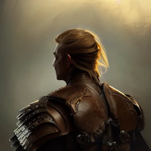 Image similar to rear side portrait of a muscular, ponytail haired blonde man with only left arm armored, wearing a thick brown leather coat, looking to his left, DnD, fantasy, dramatic lighting, digital art by Ruan Jia