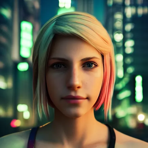 Image similar to Annie Leonhart in a neon city, octane render 8k, photorealistic render, atmospheric render, beautiful face, cute