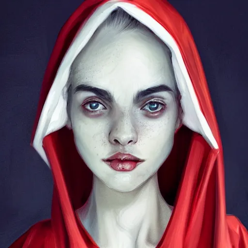 Image similar to epic portrait an woman wearing white blouse with short sleeves and a red cape with a hood on, pretty face, beauty, freckles, glossy skin, bun hair, glowing eyes, digital painting, artstation, concept art, soft light, hdri, smooth, sharp focus, illustration, fantasy, intricate, elegant, highly detailed, D&D, matte painting, in the style of Greg Rutkowski and Alphonse Mucha and artemisia, 8k, highly detailed, jurgens, rutkowski, bouguereau, pastoral, rustic, georgic