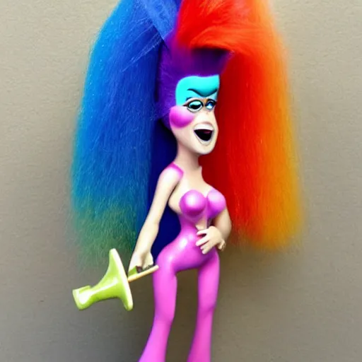 Image similar to Troll doll toy with lots of money drinking a martini with high heels and a bikini, and bright hair.