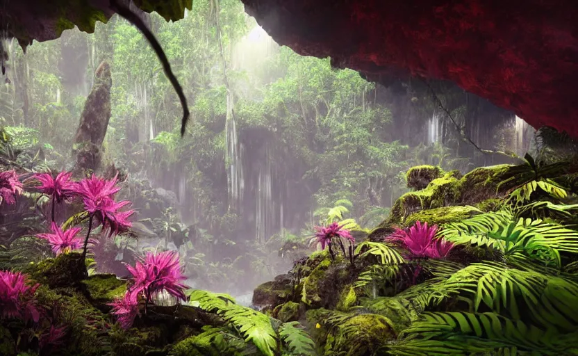 Image similar to a beautiful render of a dark prehistoric rainforest in a humongous cave, lush flora, patches of sky, magenta flowers, sunset, floating mountains and a waterfall in the background, intricate detail, hazy, humid, volumetric lighting, 8 k, photorealistic, raytracing effects, unreal engine 5