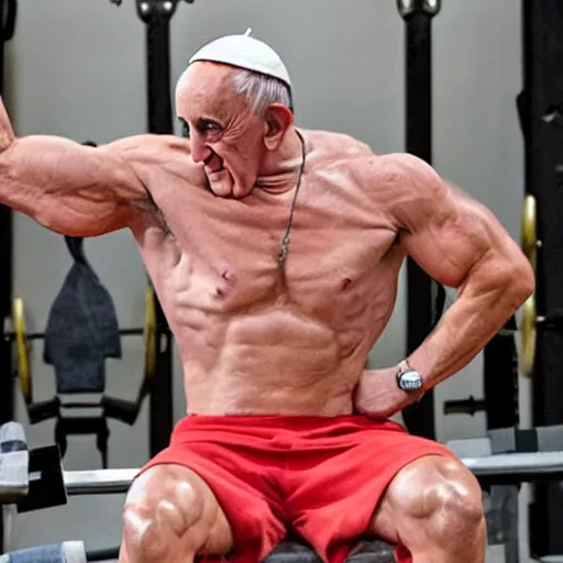 Prompt: a very muscular Pope Francis is flexing in a gym, photorealistic,