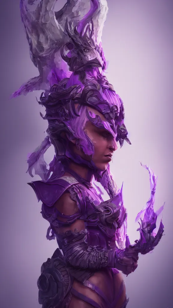 Image similar to a 3 d render of a fantasy portrait of a character, purple - tinted with a hint of yellow, wide - angle, high contrast, highly detailed, sharp focus, digital painting, 3 d art, illustration, trending on artstation,