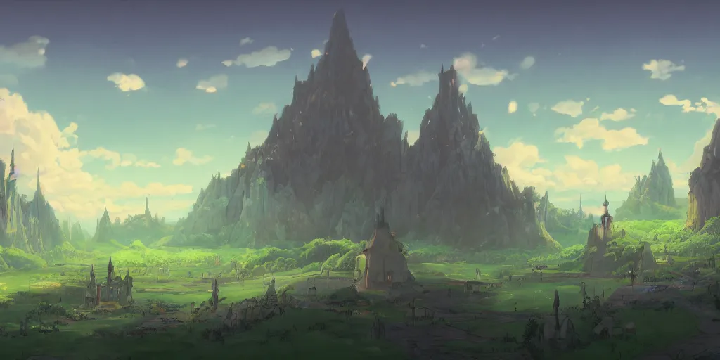 Image similar to landscape, Little Witch Academia, no people, Ghibli, Anime Background, Miyazaki Hayao, concept art, illustration,smooth, sharp focus, intricate, super wide angle, trending on artstation, trending on deviantart, 4K