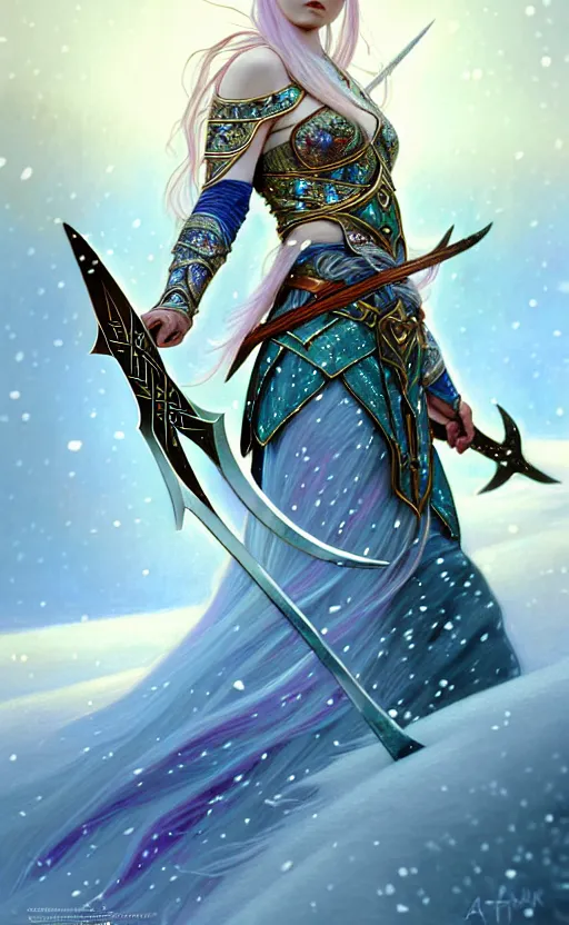 Image similar to iridescent opal viking warrior, regal, elegant, winter, snow, beautiful, stunning, hd, illustration, epic, d & d, fantasy, intricate, elegant, highly detailed, wide angle, digital painting, artstation, concept art, smooth, sharp focus, illustration, wallpaper, art by artgerm and greg rutkowski and alphonse mucha and jin xiaodi