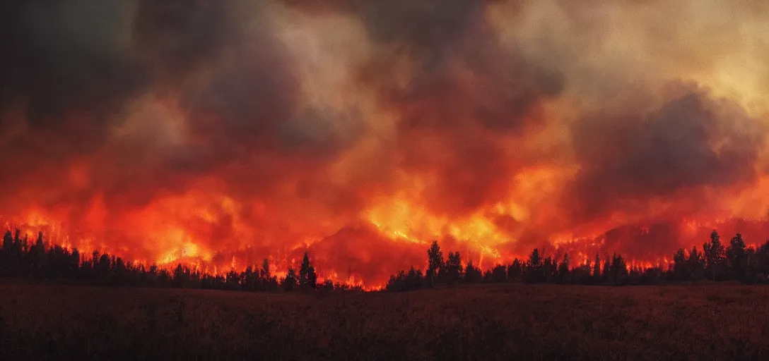 Image similar to full portrait of a forest fire on the horizon, inferno, smoke, flames, dark, gloomy, horror, screaming, a small farm is burning in the distance, insanely detailed, photorealistic, cinematic, dramatic lighting,