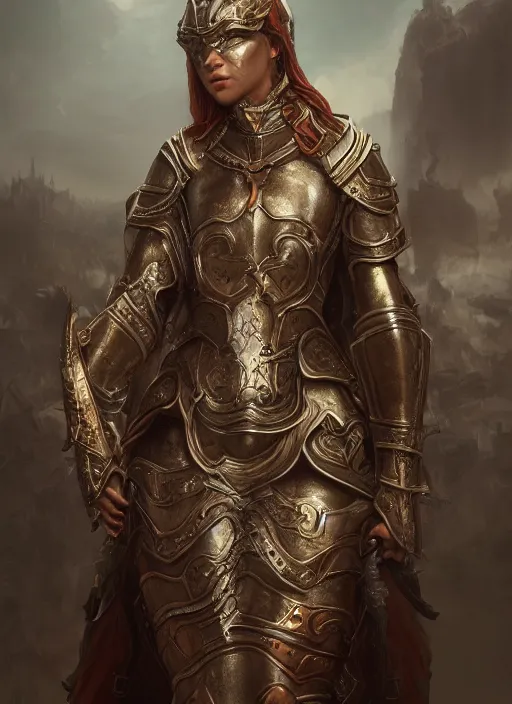 Image similar to realistic full body concept art illustration oil painting of a beautiful crusader-woman in insanely detailed and intricate clothing, octane render, sss, postprocessing, 4k, cinematic lighting
