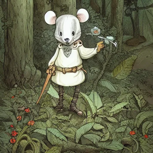 Image similar to an adventurous anthropomorphic white mouse wearing medieval clothing walking through a lush forest, concept art, James jean