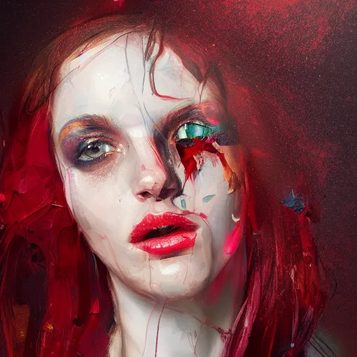 Prompt: a portrait of an intensely lit disoriented female, shattered, red, oil painting, pale colors, high detail, 8 k, wide angle, trending on artstation,