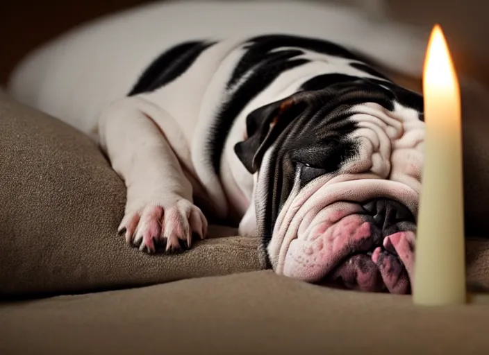 Image similar to a closeup, 4 5 mm, portrait of a sleeping english bulldog in a bed, on a pillow, candle light, 4 5 mm, by franz lanting