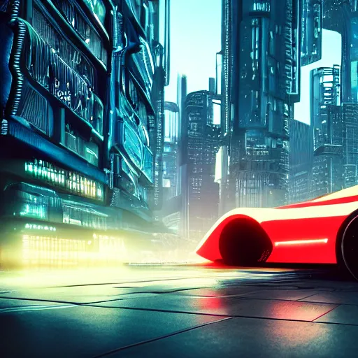 Prompt: cyberpunk car in a city at sunset