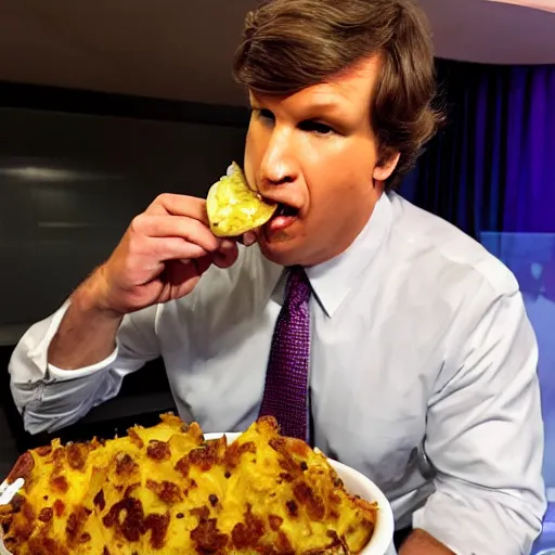 Image similar to tucker carlson eating a fully loaded baked potato