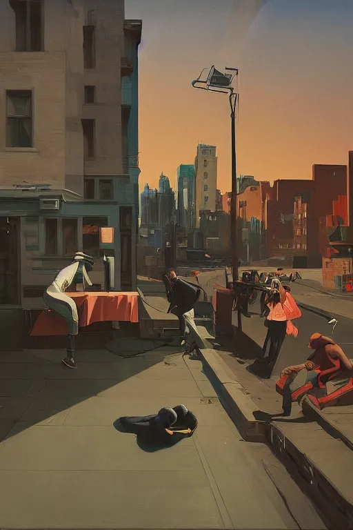 Image similar to a battle rap, a set of dj hiphop style on harlem street, Edward Hopper and James Gilleard, Zdzislaw Beksisnski, highly detailed