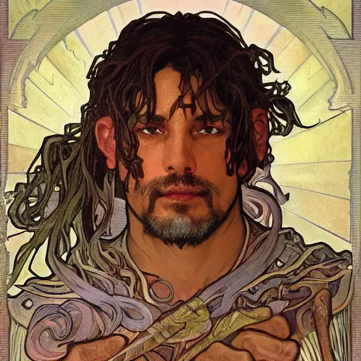 Prompt: face portrait of a male muscular latino short-haired sun cleric druid shaman, flame conjuring, strong, benevolent, healing, friendly, intelligent, armored, by Alphonse Mucha, Ayami Kojima, Amano, Charlie Bowater, Karol Bak, Greg Hildebrandt, Jean Delville, and Mark Brooks, dnd, dungeons and dragons character art