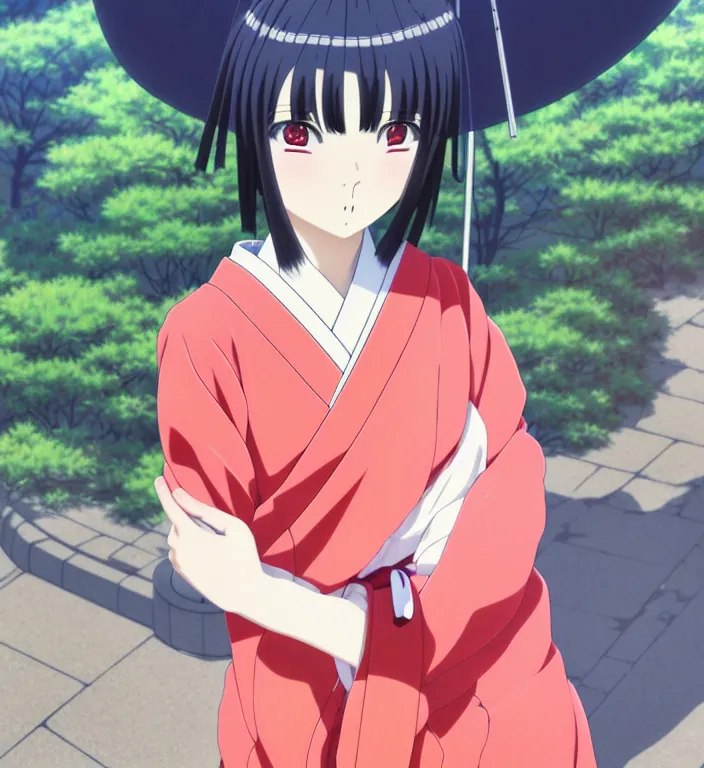 Image similar to anime visual, full body portrait of a japanese woman in traditional clothes outside a temple sweeping the ground, cute face by ilya kuvshinov, yoshinari yoh, makoto shinkai, katsura masakazu, dynamic perspective pose, detailed facial features, kyoani, rounded eyes, crisp and sharp, cel shad, anime poster, ambient light