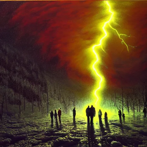 Image similar to a beautiful acrylic painting of group of climbers, extreme cold, storm, octane rendering, grim, dark, gloomy, cruel, volumetric lightning, hyperrealism, dichromatism, split - complementary colors, saturated colors, no blur, 4 k resolution, ultra detailed, john atkinson grimshaw, ivan shishkin, tyler edlin, scott listfield, eric zener