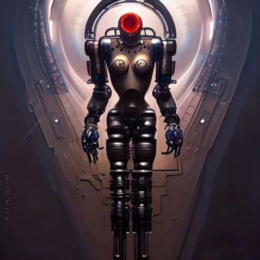 Image similar to front shot of a cyberpunk gazmask robot character, intricate, elegant, highly detailed, centered, digital painting, artstation, concept art, smooth, sharp focus, illustration, artgerm, Tomasz Alen Kopera, Peter Mohrbacher, donato giancola, Joseph Christian Leyendecker, WLOP, Boris Vallejo