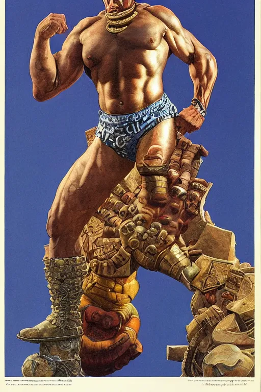 Image similar to upper body and head portrait of huge dorian yates as marvel character wearing pants and shirt and boots and gold jewellery round his neck by alex ross and lawrence alma tadema and zdzislaw beksinski and norman rockwell and jack kirby and tom lovell and greg staples