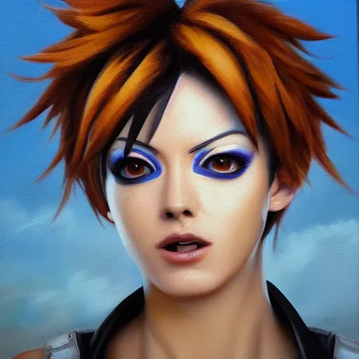 Image similar to oil painting of tracer overwatch in a field, in style of mark arian, expressive face, very detailed face, wearing large detailed black collar, very detailed eyes, full body, feminine face, detailed makeup on eyes,