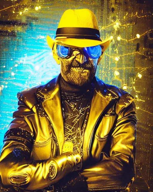 Prompt: an intimate portrait of a gnarly human cyberpunk captain, old skin, faded fedora, charming, strong leader, metal eye piece, a look of cunning, big smile, detailed abstract surrealist sculpture, golden cityscape, lasers, sparks, yellow and blue and cyan