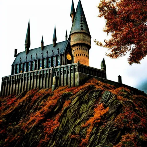 Prompt: Hogwarts in rainy autumn