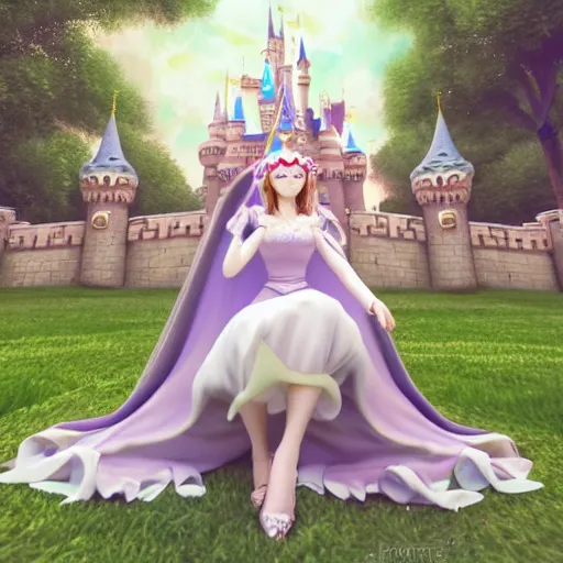 Image similar to a very detailed, ultra-realistic, pleasant, beautiful, funny, smooth 3D CG render, semirealistic anime style, close-up of a gorgeous, cute, gentle, noble priestess magician princess girl wearing dress and jewelry, in a glorious magic kingdom with castle and walls, relaxing calm vibes, fairytale, octane render