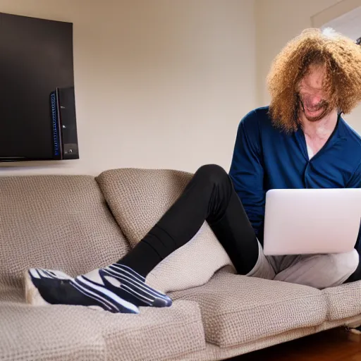 Image similar to tall pale skinny caucasian man with curly blonde hair with mismatching socks and capri pants holding laptop computer and laughing