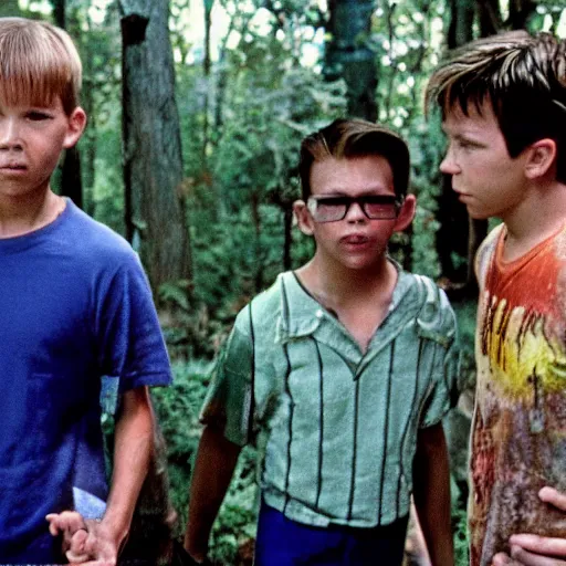 Image similar to a still of from the movie stand by me crossover with the movie the toxic avenger