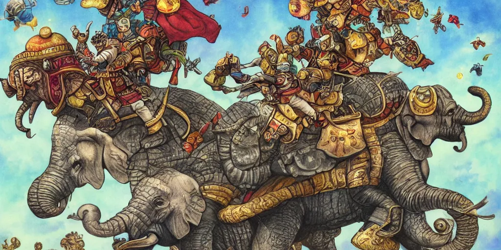 Image similar to the great a'tuin flying through space carrying discworld atop four elephants by kirby